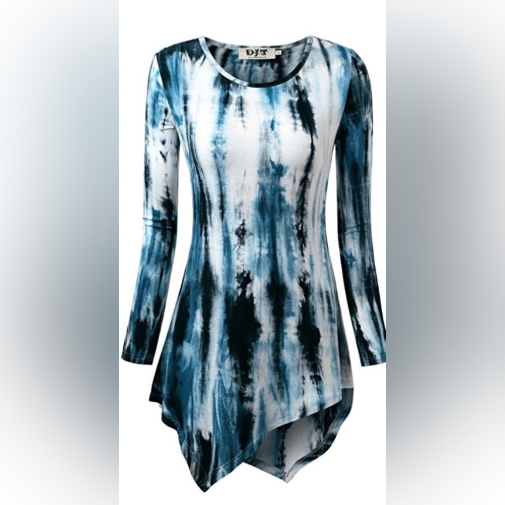 DJT NWT soft viscose elastane tie dyed handkerchief hemline blue/white tunic